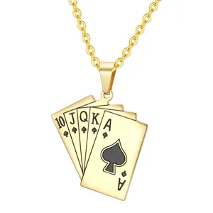Detailed close-up view of a vintage gold spade royal flush poker card pendant necklace