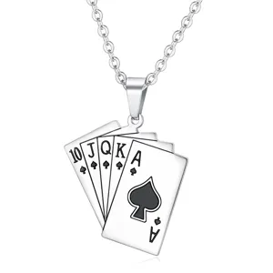 Detail shot of titanium steel necklace featuring a spade royal flush playing card pendant.