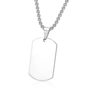Detail view of a polished stainless steel military dog tag pendant on a classic chain.