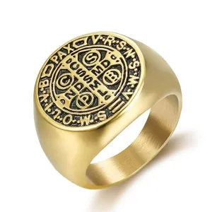 Vintage Punk Hip Hop Titanium Steel Signet Ring For Men St Benedict Medal Religious Retro Gold Silver Finger Jewelry