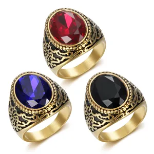 Vintage Titanstahl Herrenring Ellipse Schliff Strass Vergoldet Retro Schnitzerei Statement Fingerring Schmuck Für Herren Geburtstagsgeschenk