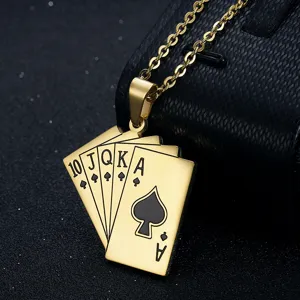 Retro Titanium Steel Poker Royal Flush Spade Pendant Necklace For Men Women Hip Hop Streetwear Enamel Card Jewelry Accessory Gift