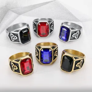 Men Viking Triquetra Stainless Steel Ring Cool Retro Hip Hop Jewelry Rectangular Rhinestone Signet Ring For Party Men Gift