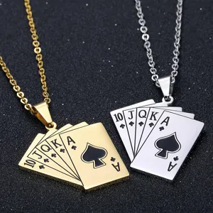 Close-up of gold and silver poker royal flush spade pendant necklaces in titanium steel.