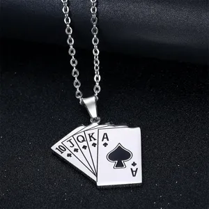 Detailed macro view of a stainless steel royal flush playing card pendant necklace for men.