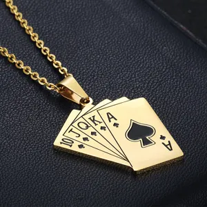 Close-up macro view of gold-plated stainless steel royal flush poker spade pendant.