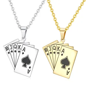 Detailed view of silver and gold poker card pendants featuring Royal Flush design