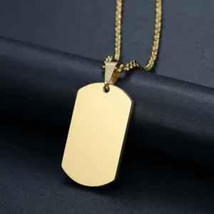 Close-up of a blank gold titanium steel dog tag pendant necklace for custom engraving
