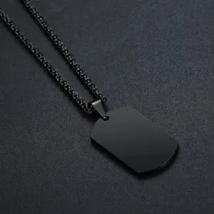 Close-up of matte black titanium steel dog tag pendant necklace for men and women