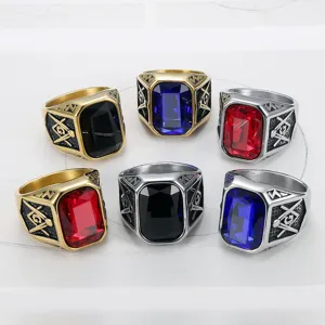 Vintage Men Titanium Steel Masonic Ring Large Rectangular Red Blue Black Rhinestone Hip Hop Fashion Retro G Letter Signet Ring Jewelry