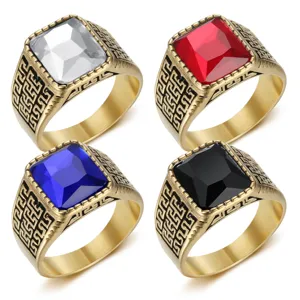 Hip-Hop Herren Quadratischer Strass Ring Vergoldeter Titanstahl Griechisches Muster Ring Mode Minimalistischer Schmuck Geschenk