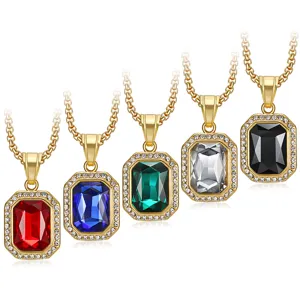 Close-up of square emerald-cut gemstone necklaces in five vibrant colors with gold chains.