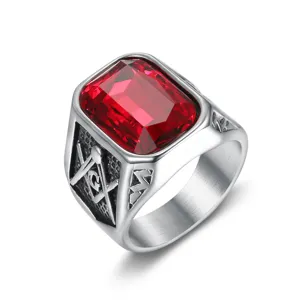Men's stainless steel ring featuring a large red gemstone and Freemasonry symbols