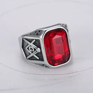 Close-up of men's titanium steel Masonic ring with large red rectangular ruby stone