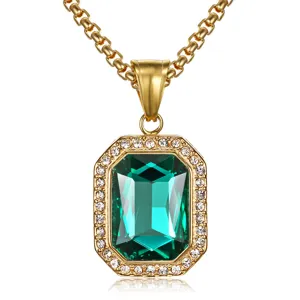 Detailed view of a rectangular green gemstone pendant necklace with a gold chain