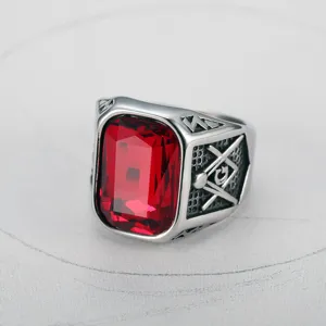 Vintage men's titanium steel ring with large red ruby simulant and Masonic symbol