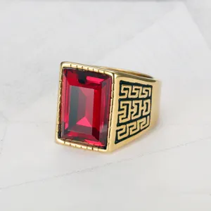 Men's vintage hip hop 18K gold plated titanium steel ring with a ruby-red gemstone