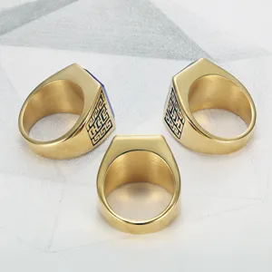 Detailed view of three 18K gold plated titanium steel rings with blue gemstone inlay