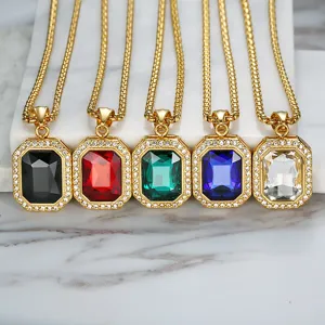 Elegant Square Gemstone Pendant Necklace Stainless Steel Rhinestone Emerald Cut Jewelry Necklaces For Women Gift