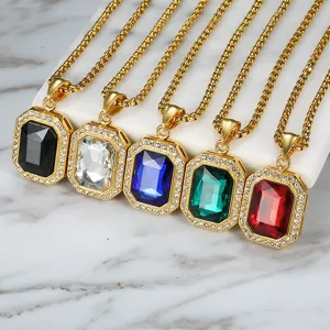 Close-up showing five square gemstone pendants in different colors with gold chains.