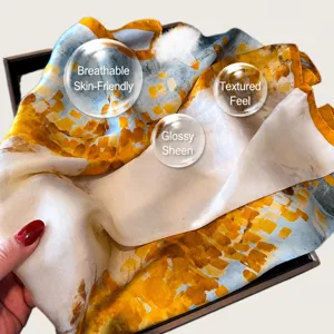 Silk square scarf for women, elegant abstract print, stylish neckerchief for spring and summer.