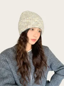 Women wool blend knit beanie winter warm slouchy hat soft textured stylish headwear detail