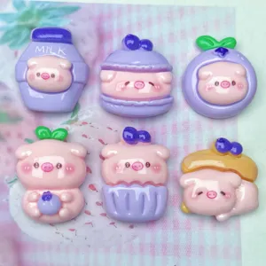 Purple Blueberry Pig Cake Resin Charms Cute Cartoon Animal Dessert DIY Accessories For Phone Case Hair Clips Decoration