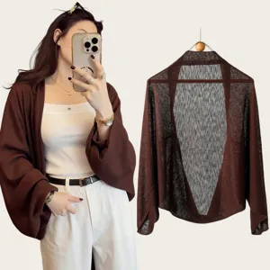 Französischer Stil Flammengarn Baumwolle Strickjacke Schal Für Damen Leichte Fledermausärmel Sonnenschutz Strickmantel Top