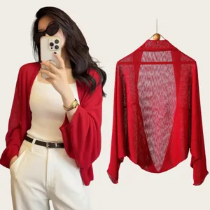 Roter Strick-Cardigan für Damen, Schal, Fledermausärmel, atmungsaktiver Sommer-Überwurf