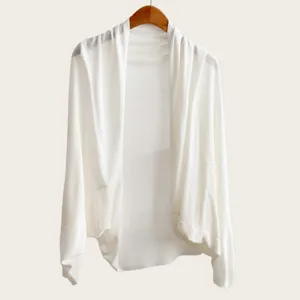 Detailansicht des weißen Fledermausärmel Strickcardigans aus leichtem Stoff mit elegantem Fall.
