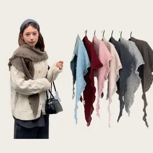 Cozy autumn winter knitted triangular scarf shawl with fringe, elegant warmth neck wrap women.