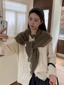 Cozy autumn winter brown knit triangular scarf shawl versatile stylish women fashion warm wrap