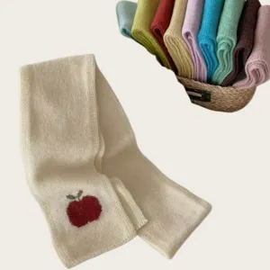 Cute knit scarf with red apple embroidery, soft warm winter accessory for women.