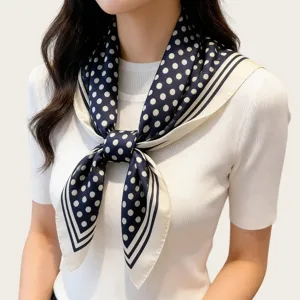 Close-up detail of navy blue and white polka dot silk square scarf worn nicely around neck.