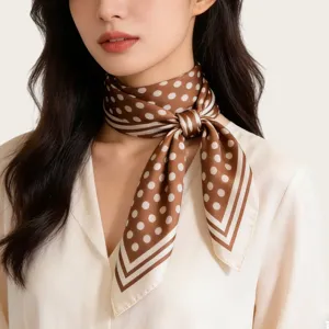 Hepburn style brown polka dot silk square scarf, elegant decorative neckerchief for women.