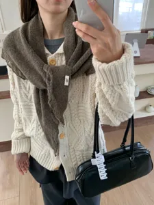 Cozy autumn winter knitted triangle scarf shawl, soft warm wrap for women, stylish daily wear.