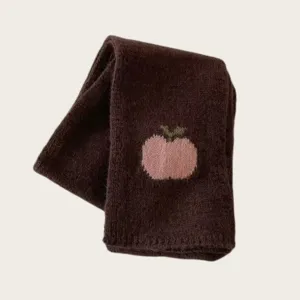 Cozy brown knitted winter scarf for women featuring a cute pink apple pattern, warm and stylish daily wear.