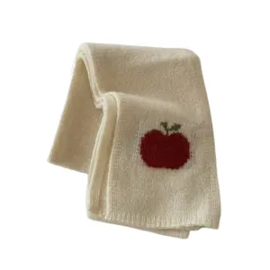 Korean style knit scarf with cute red apple pattern, warm and soft autumn winter accessory.