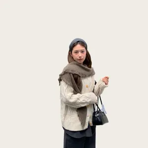 Lazy style autumn winter cozy cable knit cardigan and fringe triangular scarf shawl set for women