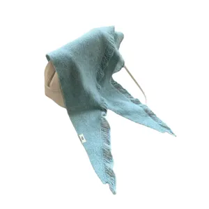 Light blue knitted triangular scarf with fringe, cozy chic winter shawl and neck warmer.