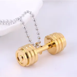 Gold fitness dumbbell pendant necklace with ball chain for men's fashion workout style