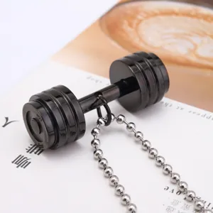 Fitness dumbbell pendant necklace for men in gunmetal grey titanium steel