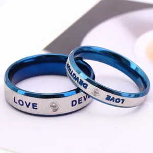 Romantic silver and blue titanium steel couple rings with LOVE and DEVOTION engraving