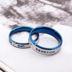 Elegant blue titanium steel couple rings with LOVE and DEVOTION engraving for engagement