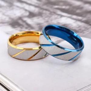 Brushed stainless steel fashion rings for men and women with gold and blue accents