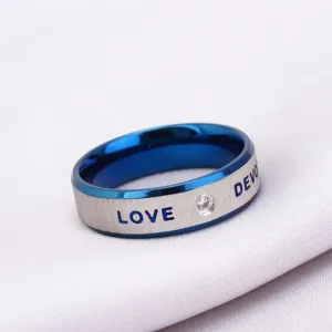 Blue and silver titanium steel ring with LOVE engraving and zircon for couples