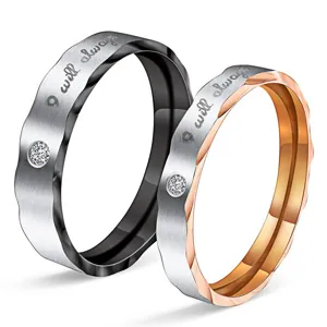 Fashion Titanium Steel Couple Ring Rhinestone Inlaid Letter Engraved I Will Always Ring For Men Women Wedding Jewelry