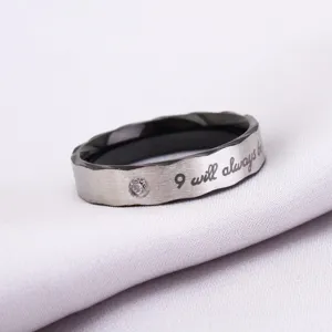 Stylish two-tone stainless steel couple ring with stone and engraved text detail