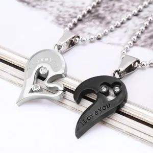 Black and silver heart puzzle stainless steel couple necklace with I Love You engraving