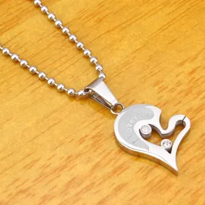 Silver stainless steel heart puzzle pendant necklace with I Love You engraving